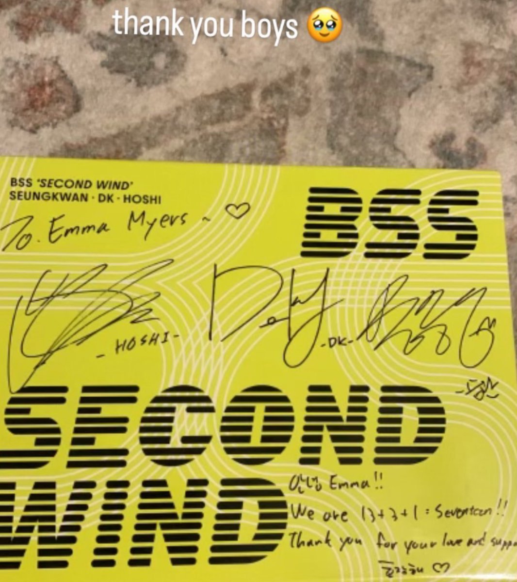 bssthinker's tweet photo. booseoksoon sent emma a second wind album and referenced the time she explained svt’s name on jimmy fallon 🥹 https://t.co/Ac3a6W3quR