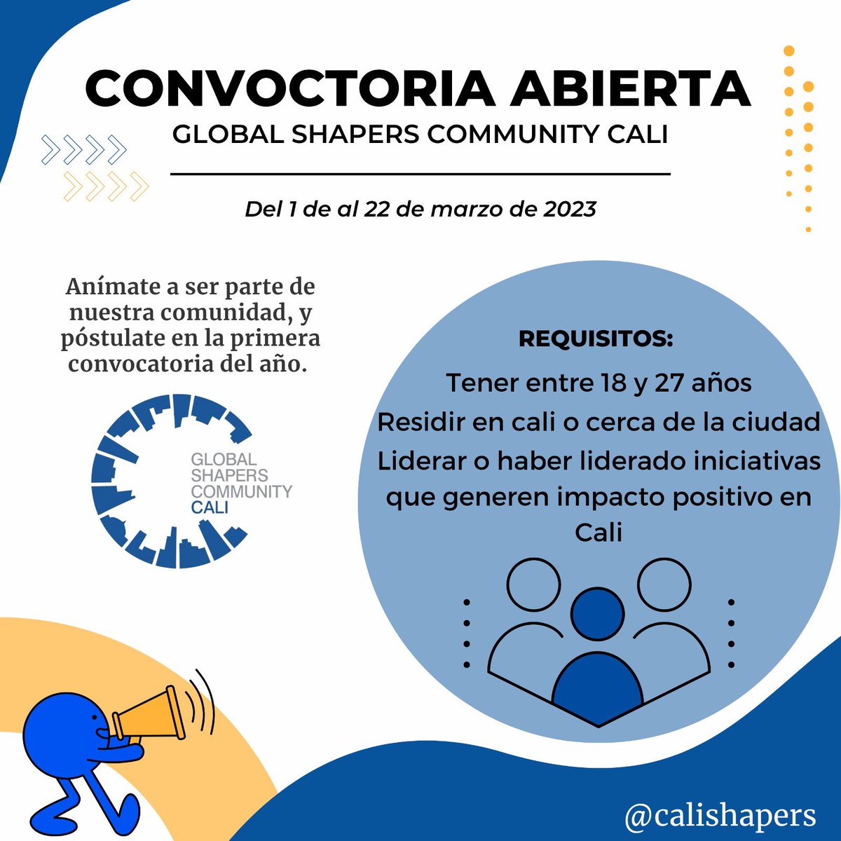 ¡Aplica!
POSTÚLATE PARA SER UN SHAPER
Si tienes entre 18 - 27 años, resides en Cali y tienes iniciativa o estás liderando procesos alineados con la generación de impacto, el alcance de ODS o transformación positiva en la ciudad, inscríbete en el link en la Bio del perfil.