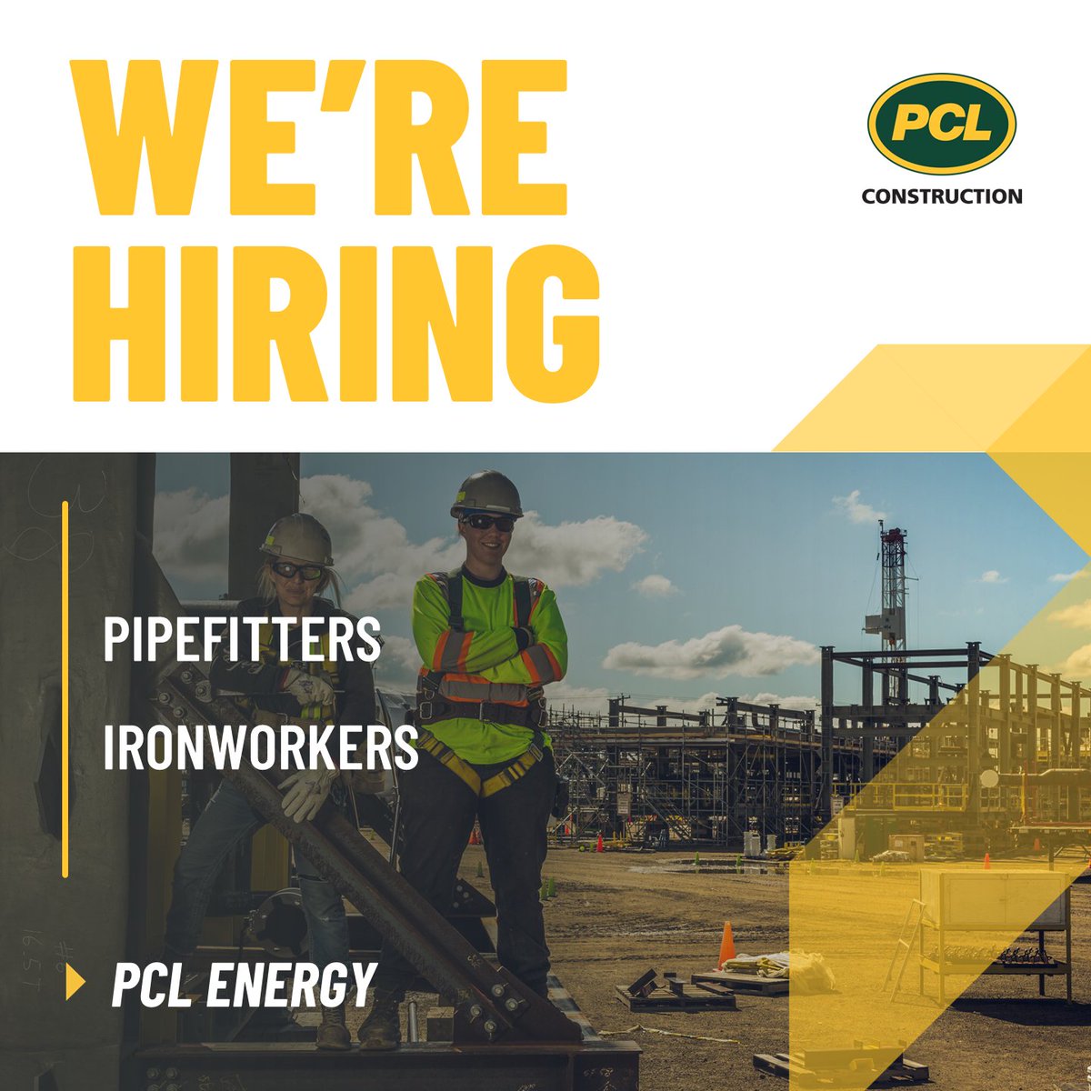 PCLConstruction's tweet photo. PCL Energy is seeking Pipefitters and Ironworkers for our projects! Apply now and start building your personal legacy with us. ποΈ
#JoinPCL #ConstructionJobs
https://t.co/gtBp1NWVgu https://t.co/H6x3ywLKCv