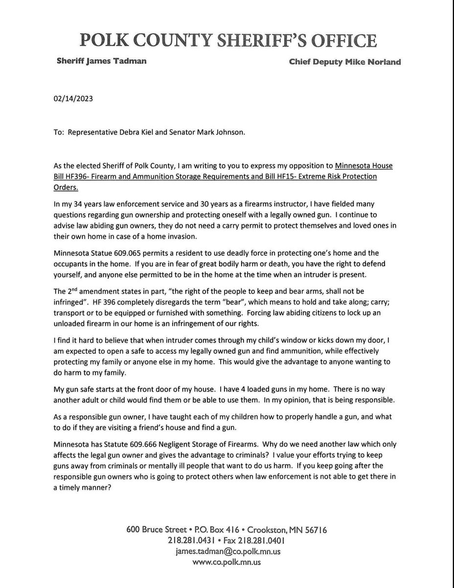 mnguncaucus's tweet photo. POLK: Your sheriff James Tadman just came out against red flag laws and the defenseless storage mandate! 

“These bills negatively impact law abiding citizens. They make it impossible to protect yourself in your own home or at all if you are disarmed for 2 weeks because someone made an accusation that needs little to no corroboration.

“Our state should focus its time on providing mental health and substance use disorder facilities and treatment for many that are struggling.”
