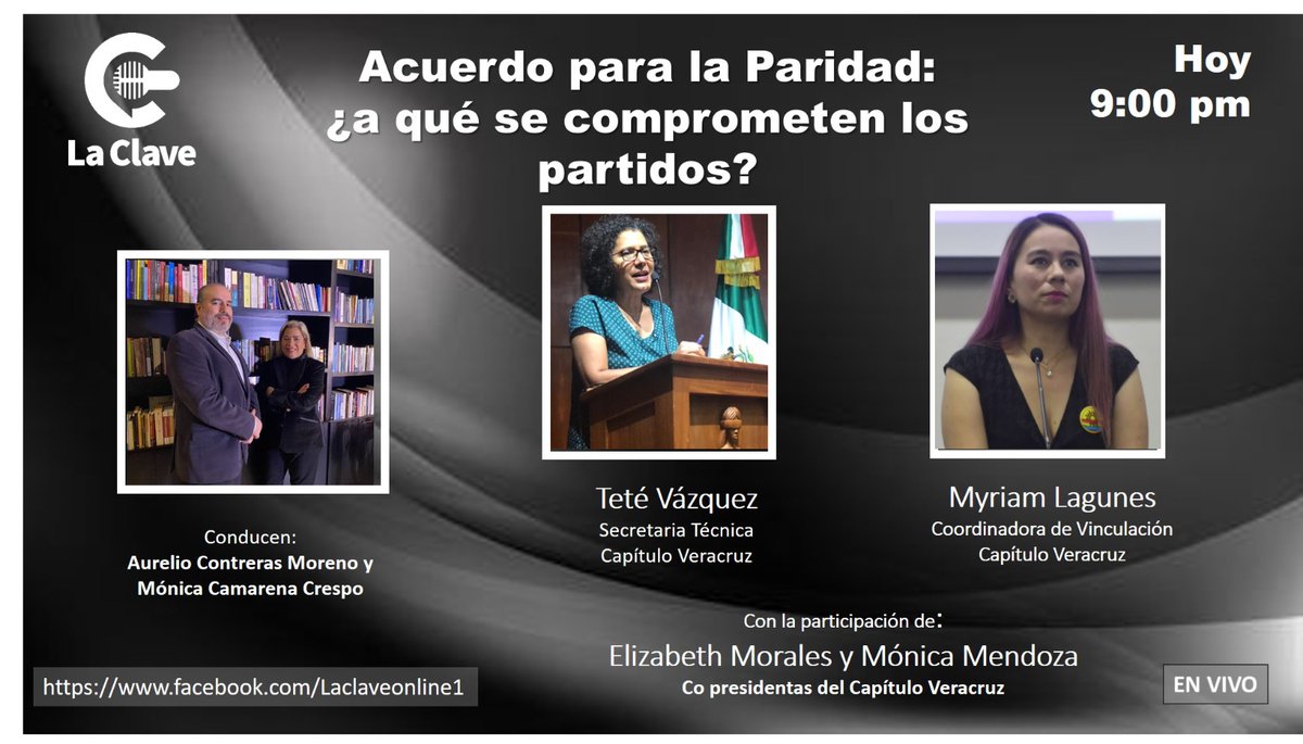 Esta noche en La Clave hablaremos con la <a href="/RedParidad_Ver/">Capítulo Veracruz_Red Nacional MD Paridad en Todo</a> sobre el Acuerdo Pluripartidista por la Paridad Política que firmarán con los ocho partidos políticos representados en la entidad. ¿Exactamente a qué se comprometen? Les esperamos <a href="/Monicamarena/">Mónica Camarena Crespo</a> y <a href="/yeyocontreras/">Aurelio Contreras</a>