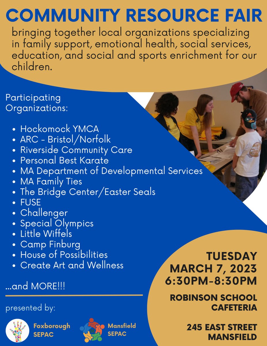 MansfieldSepac's tweet photo. Whether you are looking for inclusive summer camps, mental health resources, emotional support, medical services or tutoring, the many organizations at our Community Resource Fair on March 7th will help you find what you are looking for! https://t.co/MhSoSNomo5