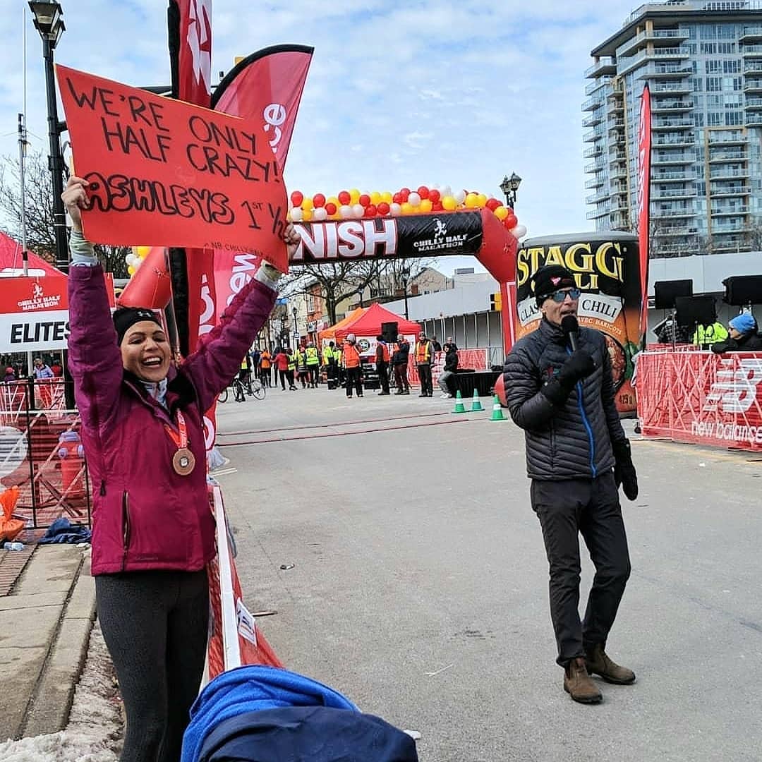 stevefleck's tweet photo. This Sunday marks the return of the @VRProInc Chilly Half Marathon in Burlington, ON after a 3 year hiatus. Who will be there? Here I am about to greet "Ashley", one of the Final Finishers from the last time the Chilly was run in 2020! #ChillyHalf #ChillyHalf23 https://t.co/FE8C8QhX20