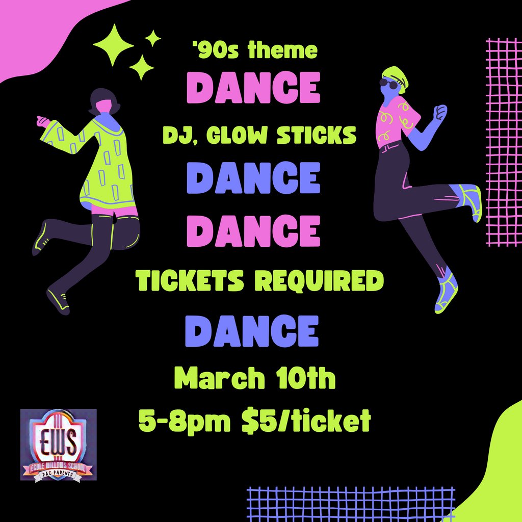 Willows_PAC's tweet photo. Tickets for the '90s theme DANCE are on sale! 5pm or 6:30pm tickets are $5 each and include a bag of mini chips. Please purchase a ticket for each participant.
**
Les billets pour la DANSE sont en vente! Départ à 17h ou 18h30. Veuillez acheter un billet pour chaque participant. https://t.co/hNuohFHkuu