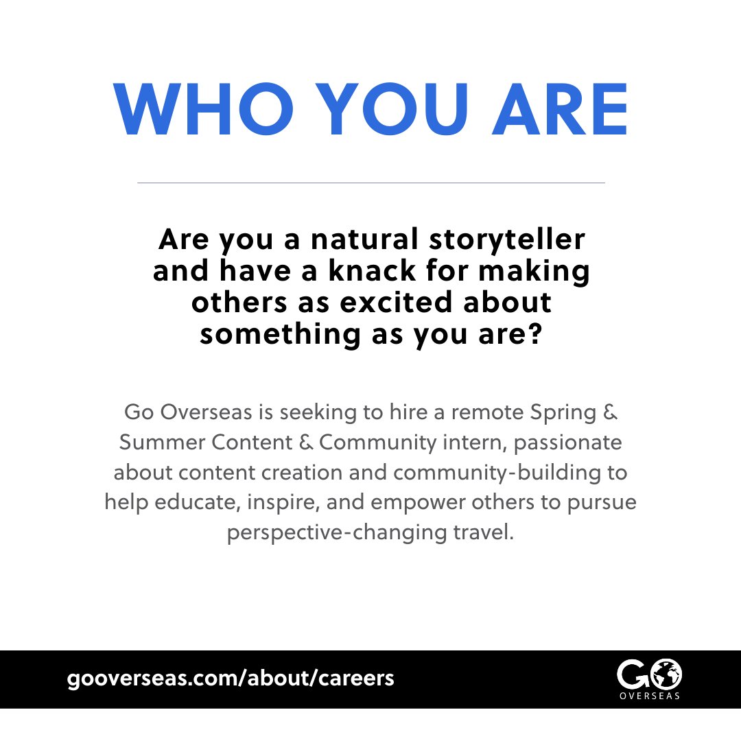 GoOverseas's tweet photo. 📣 Content marketing internship alert!  🗺️✨

We’re looking for an enthusiastic GO-getter (pun intended!) to create engaging visual content and connect with our community of travelers. 🌎

 🔗Link to apply: https://t.co/MBdDJfYVDF

#internship #contentmarketing #remoteintern https://t.co/vk6n84fdNN