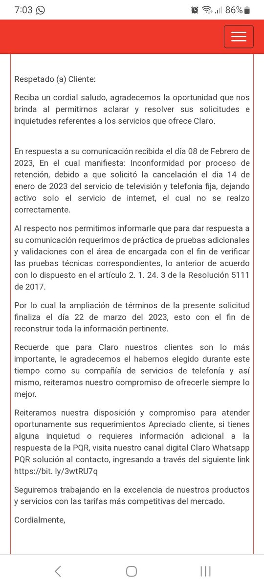 mc10tro's tweet photo. @ClaroTeAyuda  @ClaroColombia y @sicsuper claro me pide casi otro mes para solucionar algo tan básico, como no he tenido solución ¿tienen derecho a cortarme el servicio? o deben mantenerlo hasta que me ajusten la factura, me den solución y respondan la PQR https://t.co/VZ4kGN65dH