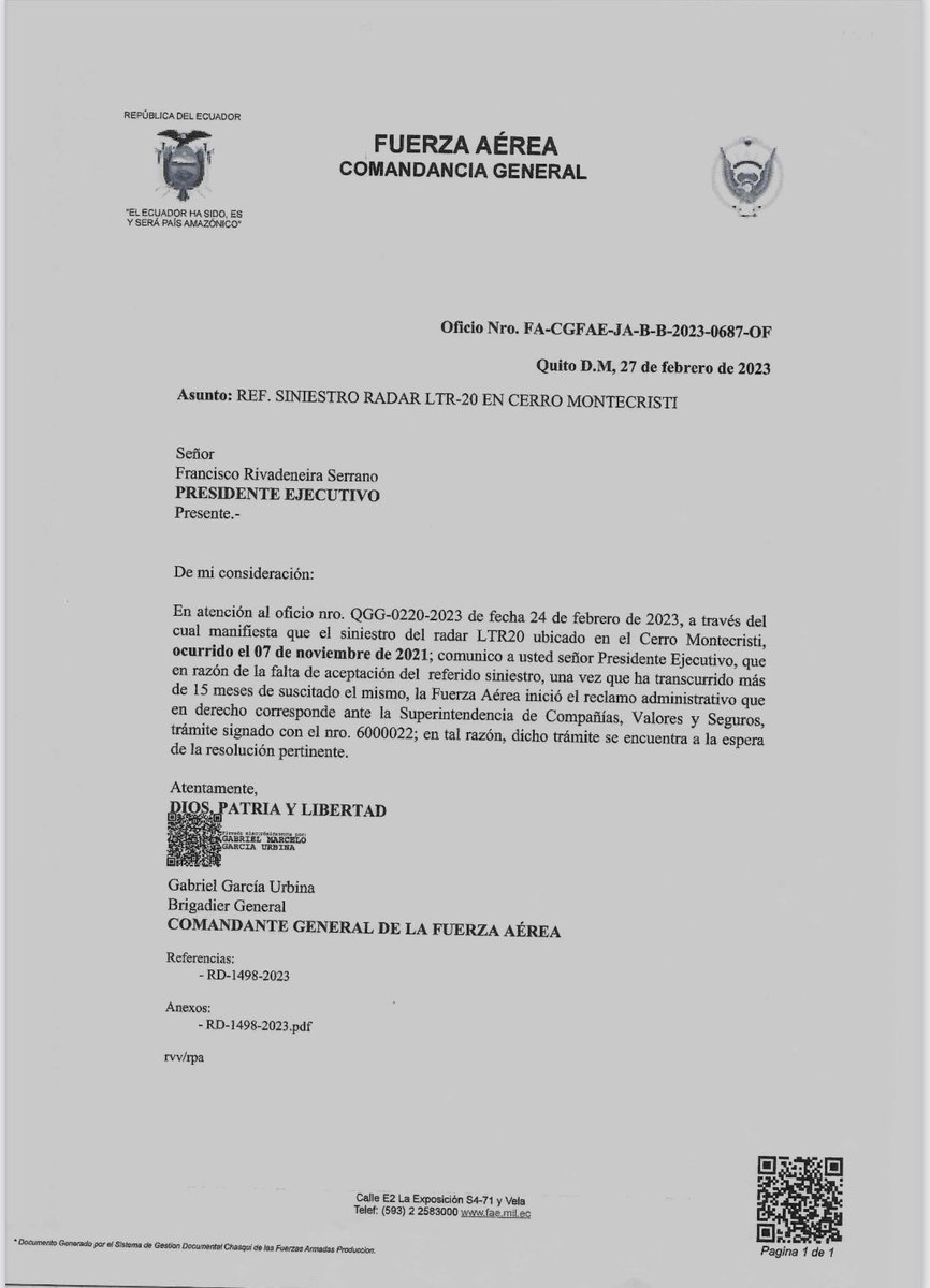 VillaFernando_'s tweet photo. La aseguradora INTEROCEÁNICA se niega a pagar el siniestro del radar de Montecristi. El narcotráfico campea en la costa manabita y @FuerzaAereaEc @DefensaEc siguen burlados. El tráfico internacional de drogas penetra en todos los sectores. Salvar a la República es mi compromiso. https://t.co/lUSS0DiI3d