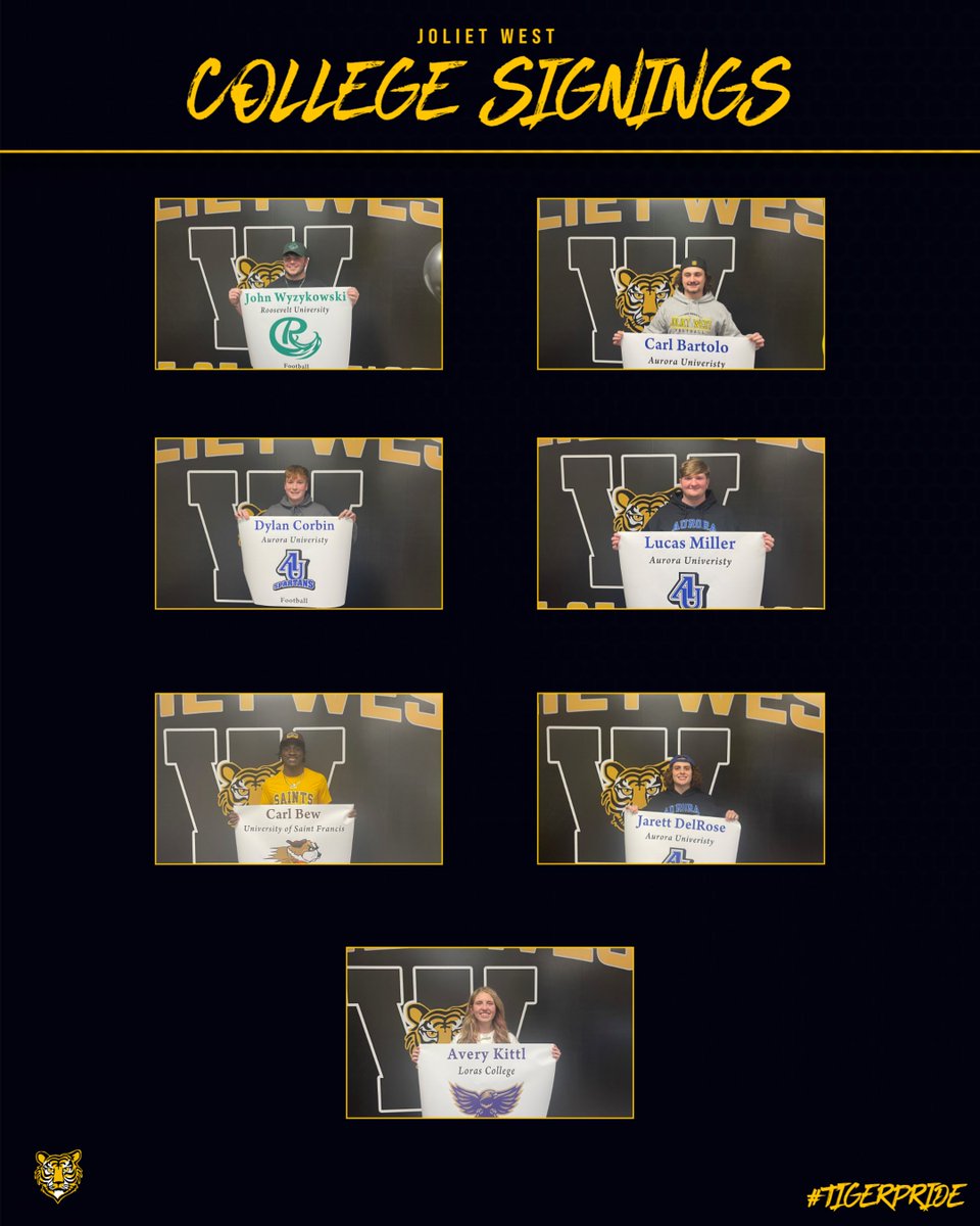 JolietWestAD's tweet photo. Congratulations to our seven athletes that committed to play athletics at the college level this evening! We are proud of you! Forever a Tiger! #TIGERPRIDE https://t.co/M8w6iGnp9G