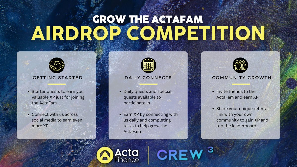 ActaFi's tweet photo. Tired of engaging with communities that don't recognize your efforts? 🤔
The time has come to join the GROW THE ACTAFAM #Airdrop COMPETITION! 

Sign-up now &amp; compete for serious #Bounty!
https://t.co/KfgmW9vhX0

1st Round: 2 months
Reward Pool: 292, 500 ACTA *$39,487 USDT value💰 https://t.co/YgbRMvISGR