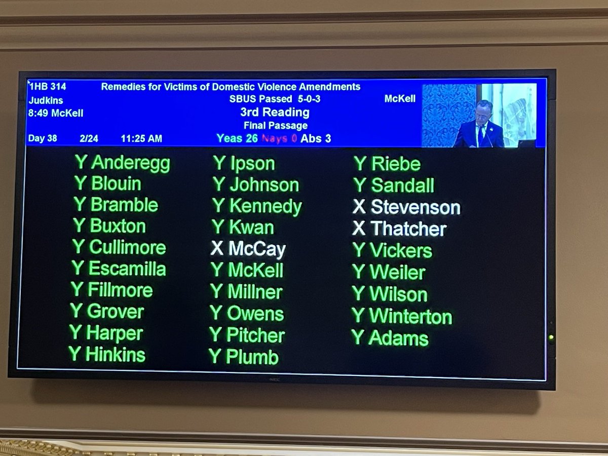 Every single <a href="/UtahDv/">Utah Domestic Violence Coalition</a> priority bill has now passed #utleg. Victim Services funds in final budget bill Friday, but I’m ecstatic tonight. Thank you <a href="/LGHendersonUtah/">Lt. Gov. Deidre M. Henderson</a> <a href="/KenIvoryUT/">Ken Ivory</a> <a href="/djohnsonhouse4/">Dan Johnson</a> <a href="/CandicePierucci/">Candice B. Pierucci</a> <a href="/SenatorLuz/">Sen. Luz Escamilla</a> <a href="/gopTODD/">Todd Weiler</a> <a href="/marshajudkins/">Marsha Judkins</a> <a href="/RepAngelaRomero/">Angela Romero</a> &amp; many more! #utpol