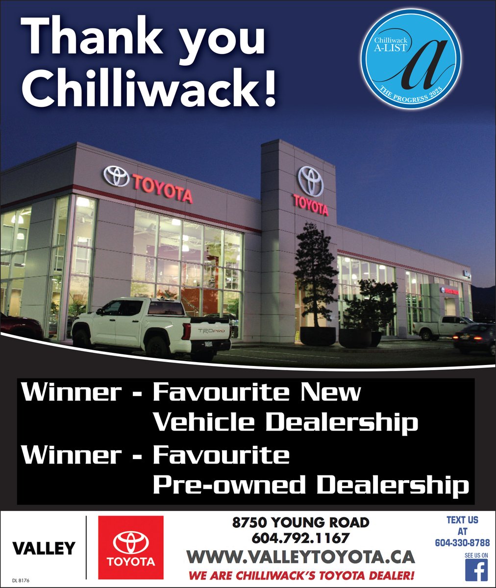 Thank you Chilliwack!

It's an honor to have been voted yet again this year, both your 'Favourite New Vehicle Dealership' and 'Favourite Pre-owned Dealership' by you, the people of Chilliwack!

#chilliwack #chilliwackbc #fraservalley #ValleyToyota #ToyotaBC #chilliwack