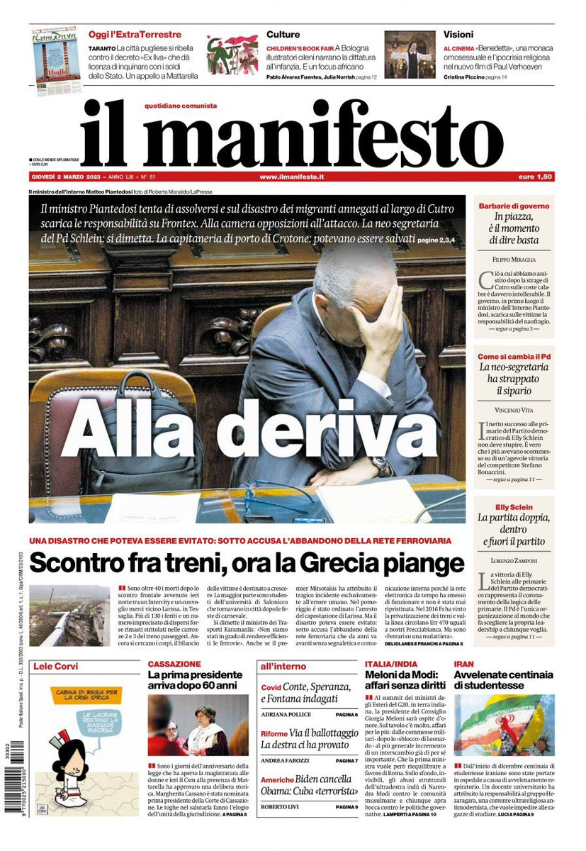 ilmanifesto's tweet photo. Il ministro Piantedosi tenta di assolversi e sul disastro dei migranti annegati al largo di Cutro scarica le responsabilità su Frontex. Alla camera opposizioni all’attacco. La neo segretaria del Pd Schlein: si dimetta. La capitaneria di porto di Crotone: potevano essere salvati https://t.co/KCkLgnjG7F