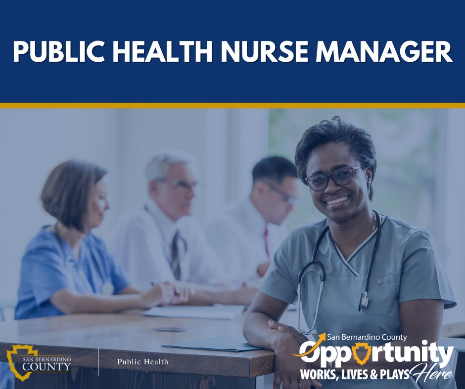 sbcountycareers's tweet image. The Department of Public Health for #SanBernardinoCounty is now hiring for #PublicHealthNurseManager! Apply today for this excellent opportunity to be a part of the team! bit.ly/3SMVeGg #governmentprograms #OpportunityWorksHere