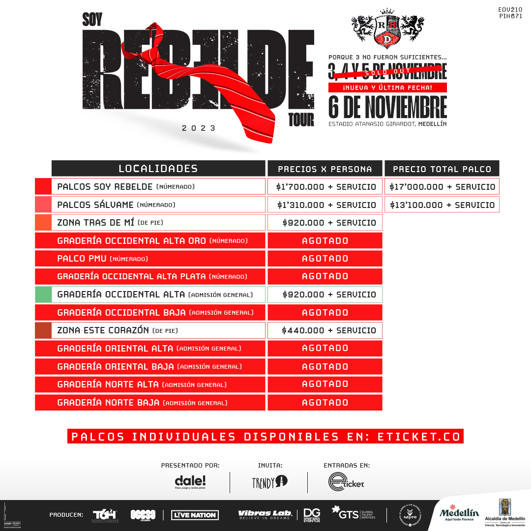 ¡Buenas noticias para los fans de RBD en Colombia! Aún quedan boletas disponibles para la cuarta y última fecha del tan esperado concierto. Asegura tu entrada y únete a la fiesta. 🙌👔🚨

🚨 Palcos individuales individuales disponibles. 

¡Te esperamos! 🎉🎤🎶
#SoyRebeldeTour