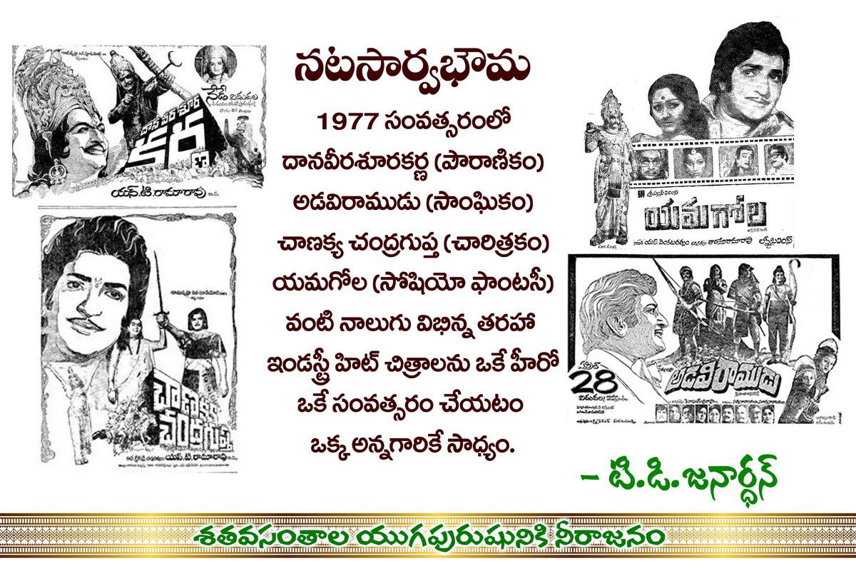 Sri4TDP's tweet photo. 1977వ సంవత్సరం నాలుగు విభిన్న చిత్రాల్లో ఎన్టీఆర్ చూపించిన నట విశ్వరూపాన్ని తెలుగు వెండి తెర ముద్దాడి తరించింది. ఆ సినిమాలు సృష్టించిన రికార్డులు తెలుగు సినీ చరిత్రలో సువర్ణ అధ్యాయాలు అయ్యాయి. ఇందులో రెండు చిత్రాలకు ఆయనే దర్శకత్వం వహించడం విశేషం.
#100Y… https://t.co/aSEyqI7gLZ