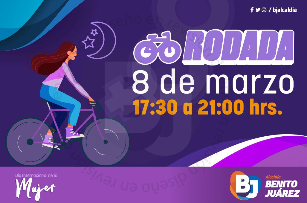 Ale_VargasMz's tweet photo. Rodada “08 de marzo, Día de la Mujer BJ”
Inicia: monumento a Francisco Villa en el Parque de los Venados.
⏰ Actividades: 5:30 pm
⏰ Rodada: 7:30 pm 
#RodadaCiclista #RodadaBJ #8M #DiaDeLaMujer https://t.co/kvs5X2friD