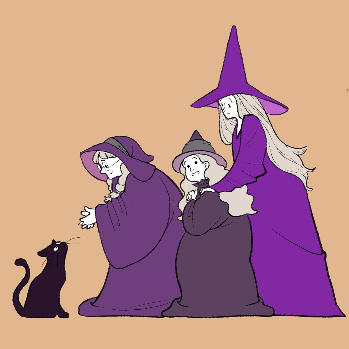 multiple girls hat 3girls cat witch hat long hair black cat  illustration images