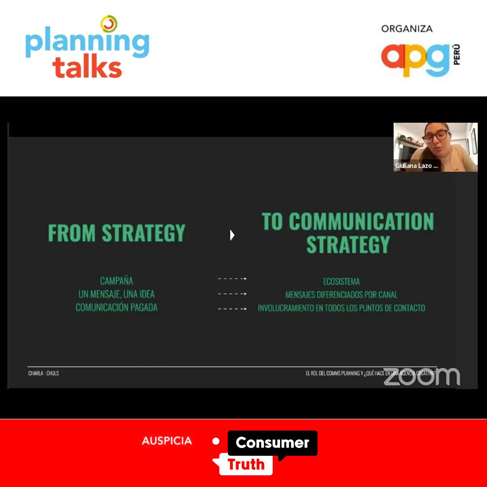 consumer_truth's tweet photo. "No se trata de postear por postear. De #Estrategia a #EstrategiaDeComunicación" Mensajes diferenciados que aporten al mensaje principal sugiere Giuliana Lazo, Digital Director #FahrenheitDDB en #PlanningTalks de @APGPeru
#CommsPlanning #InsightsConCalle #EstrategiasConCalle https://t.co/Y8sSdgjkp1