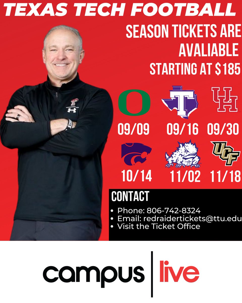 CampusLiveTTU's tweet photo. Make sure to get your season tickets! #ttu #redraiders #wreckem #seasontickets #protectthishouse #letsgooooooo #ttulive #footballseason https://t.co/prUSCWhIU9