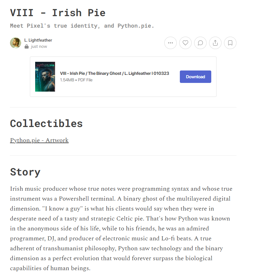 sentientpress's tweet photo. Ladies and gentlemen! Chapter VII is OUT! Do you feel ready to meet Python.pie?
Get your free 7-day subscription and read at https://t.co/OxVR3zVoH3
#booktok #comic #cyberpunk #thebinaryghost #pythonpie #irish #webnovel #comics #comicbooknews https://t.co/DtM54xPeK6
