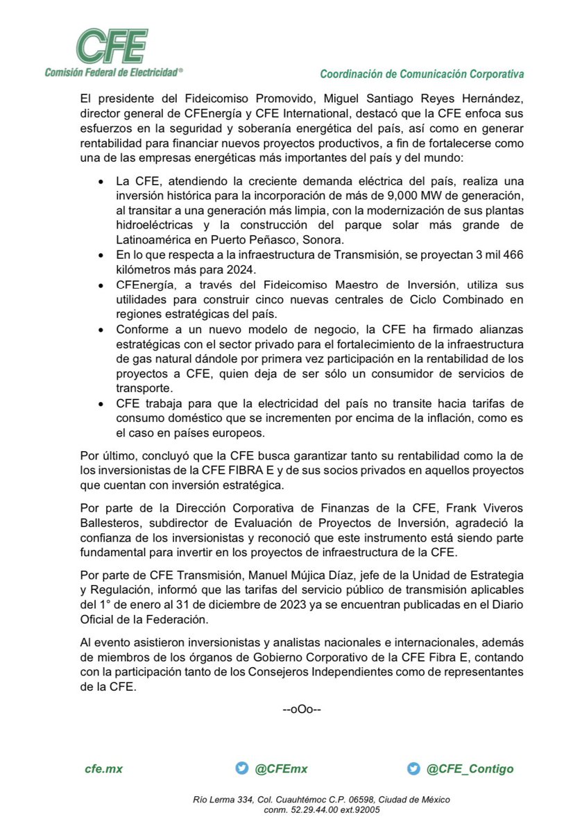 La Fibra E, primer Fideicomiso de Inversión en Energía e Infraestructura en México, presentó al 4to trimestre de 2022 resultados sólidos y positivos, que demuestran la fortaleza de la CFE. bit.ly/3KQsKti