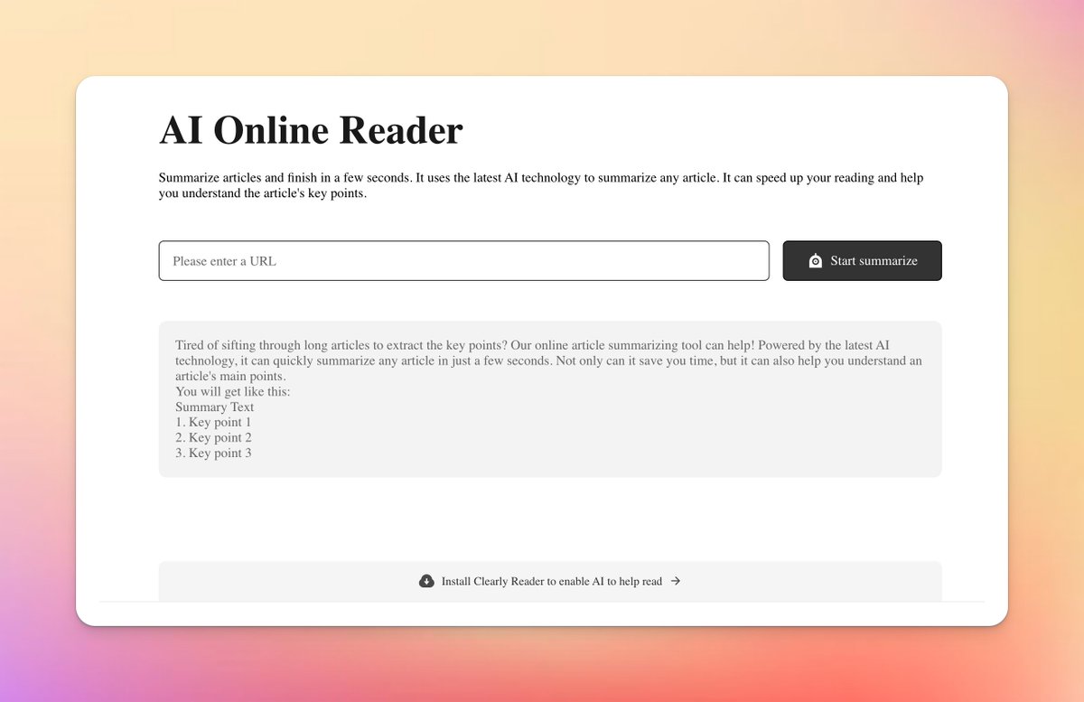 clearlyreader's tweet photo. 🚀Introducing Clearly's new AI reader tool! Quickly summarize any article with the latest GPT model. Just enter the link at https://t.co/CFZYhCEbYw and get a condensed version of the key points. Try it out now! https://t.co/8TgYdL4wPN