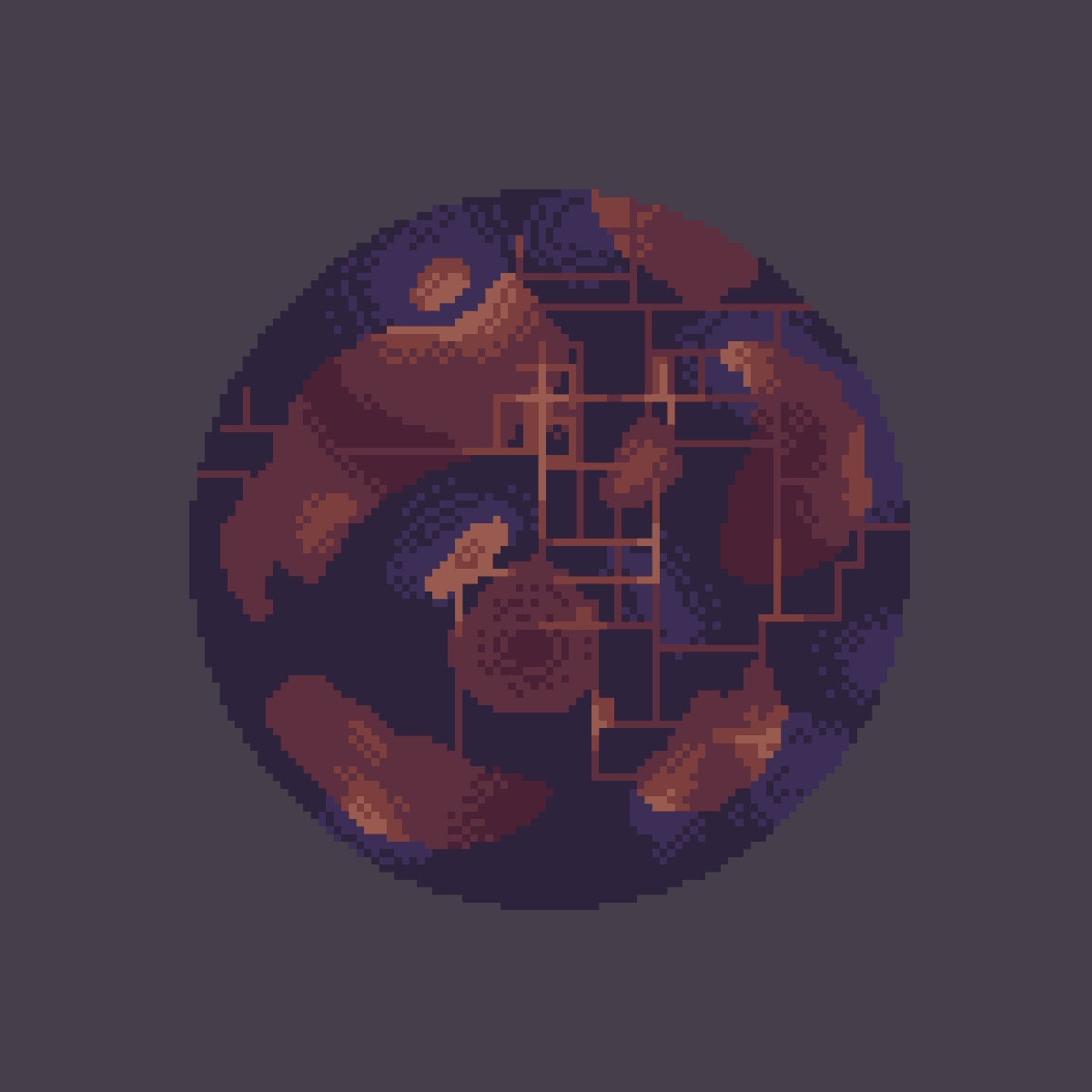 locustpixel's tweet photo. Not the most suitable planet for life was mastered by man. All continents float in purple water, in which there are less deep and warm light areas.

#planet
#pixelart https://t.co/Y2bLlx2JOM
