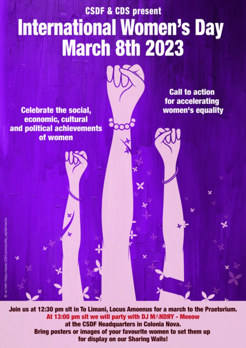 SLCDSnews's tweet image. Save the Date: International Women&apos;s Day Celebrations, 8 March 2023 from 12.30 SLT
Organized by the CSDF - Citizens Social Democrat Faction in Confederation of Democratic Simulators (CDS)
#cdsinsl #slcds #SecondLife #virtualworld #Metaverse