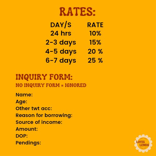 louislends's tweet photo. 𓂃 Inquiry form
Name:
Age:
Other twt acc:
Reason for borrowing:
Source of income:
Amount:
DOP:
Pendings (their UN, how much and when DOP): https://t.co/td3EJOQjoO