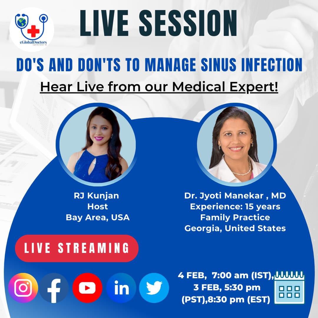 eglobaldoctors's tweet image. Get to know about do&apos;s and don&apos;ts to manage sinus infection with our medical expert Dr. Jyoti Manekar and host RJ kunjan.
.
.
.
.
.
#sinus #sinusinfection #sinusproblems #sinuscauses #sinussymptoms #sinustreatment #sinusmanagement #healthcare #livesession #livewebinar #instalive
