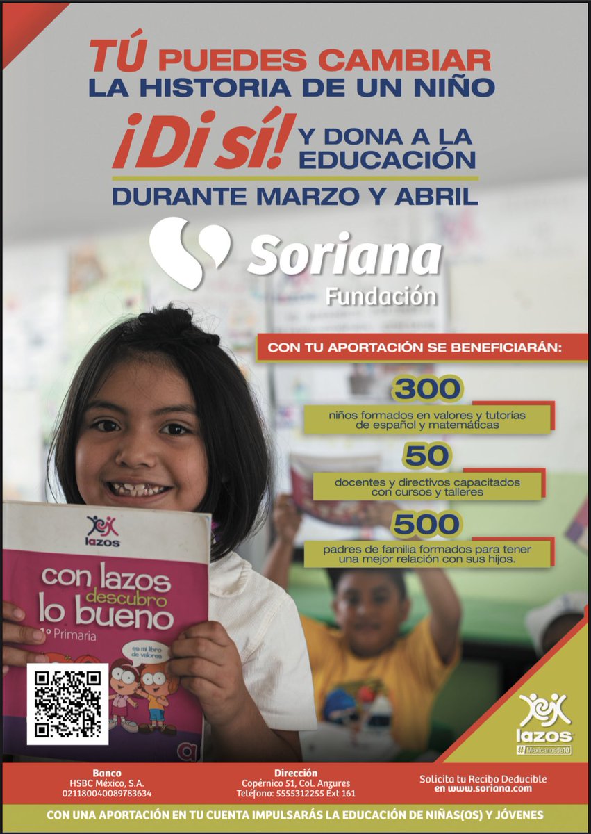 lazosfundacion's tweet image. ¡Tú puedes cambiar la historia de un niño! ✨Con tu aportación durante marzo y abril en @OrgSoriana beneficiarás la educación de niñas, niños y jóvenes. 🗓️¡Di sí a la educación y apoya con tu aportación! #disí #juntosporlaeducación  #fundacionlazos