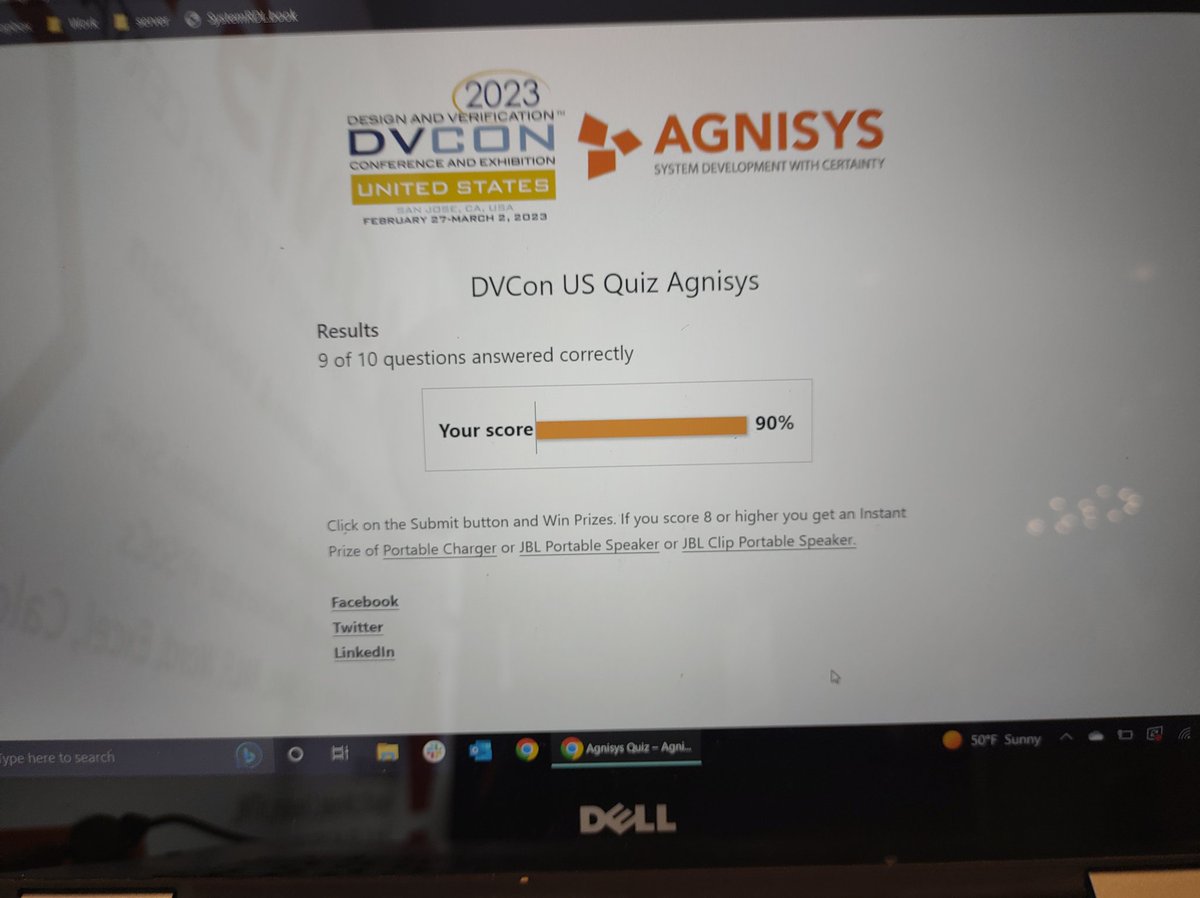 @Agnisys _definitely_ wins @dvcon_us . I won this sweet JBL Clip4 speaker in their reeeally hard SystemVerilog quiz.