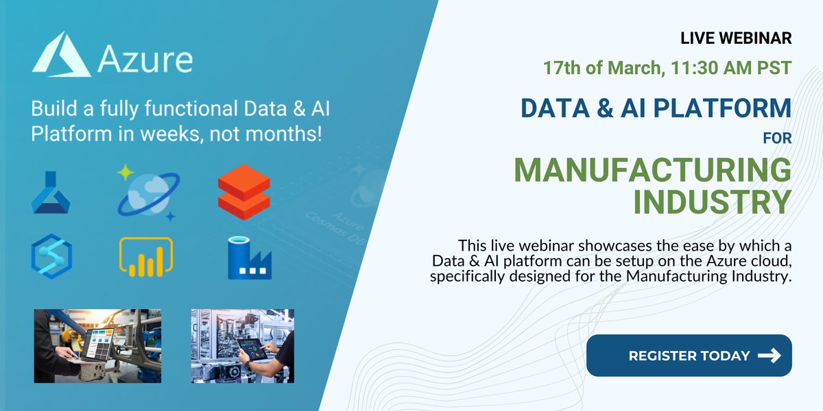 thirdeye_data's tweet image. LIVE WEBINAR - Setup a Data &amp;amp; AI platform for Manufacturing Industry within weeks, not months! Watch step-by-step setup on Azure cloud. Get detailed instructions &amp;amp; ARM templates for FREE!
#datasciences #dataplatform #artificialintelligence #data #platform #analytics #azurecloud
