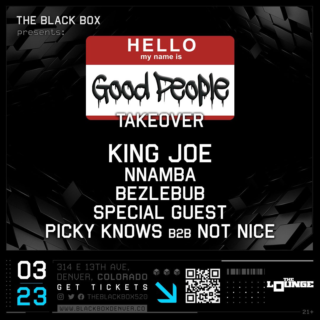 •March 23rd
•@TheBlackBox5280 ◼️
•@Picky_Knows_ & I back to back
•lots of plates🍽
•the bwoiz: King Joe / Nnamba / Bezlebub / ??? 
•Ticket link in comments🔗

Very hyped and would love to see all my Colorado homies there😁💙
#deepdub #deepdubstep #Denver