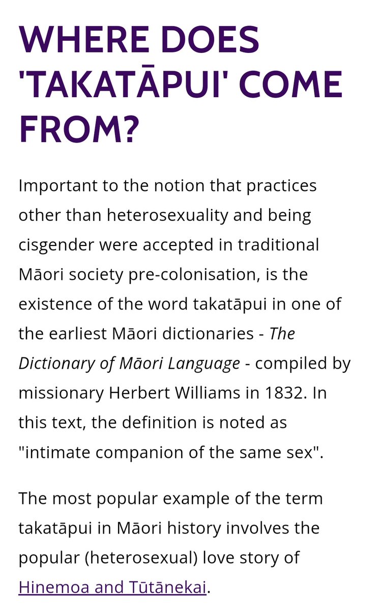 เอาความหมายของ Takatapui มาแปะโน้ตไว้นิดหน่อย เป็นคำในภาษาเมารีดั้งเดิมและเป็นคำที่คนใน lgbtq+ ตั้งแต่ยุค 80s เป็นต้นมา โดยเฉพาะคนที่มีเชื้อสายชนพื้นเมือง ใช้นิยามตัวเอง

takatapui.nz/definition-of-…