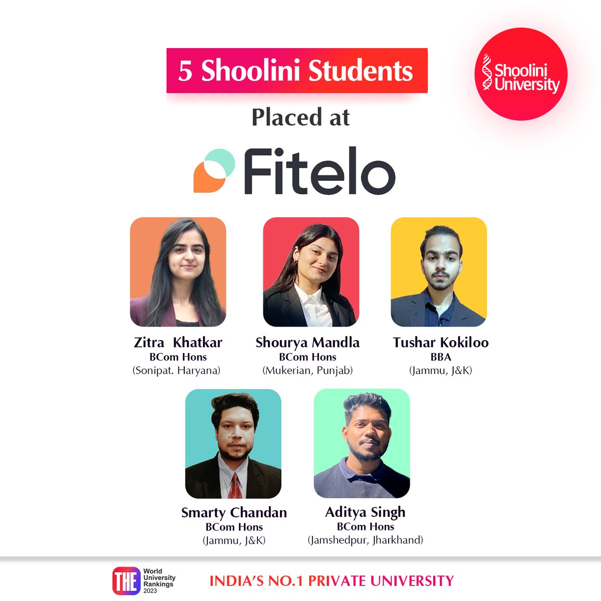 Placements on a Roll! 🙌🏼
Our students have taken their first step towards a successful career & we wish all of them the best for their future.

#placement #campusplacement2023 #fitelo #dieticians #fitnessexperts #dietitians #campusplacement #hiring #newhiring #ShooliniUniversity