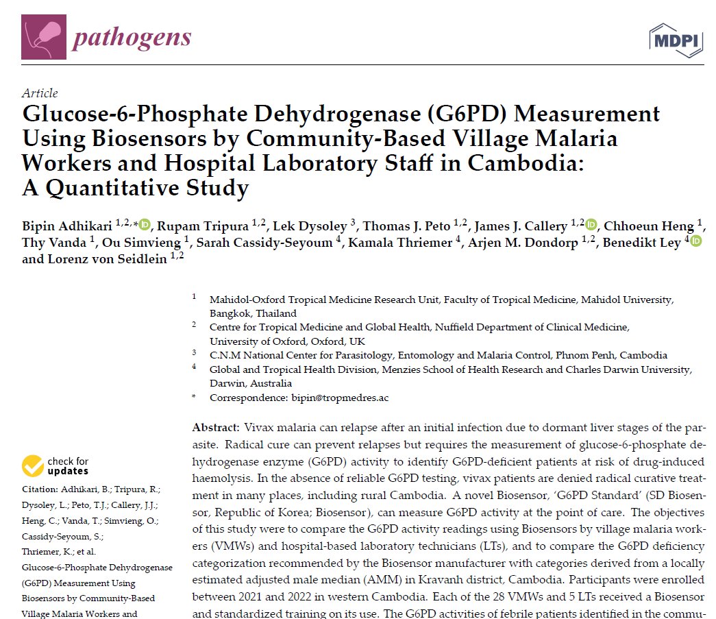 Bipin Adhikari (@bipinadhikar) on Twitter photo Are village malaria workers competent enough to use biosensors?
Is community-based management of vivax malaria feasible?
Please read findings from our operational research that provides pragmatic answers to those questions: mdpi.com/2076-0817/12/3…
@MORUBkk <a href="/TropMedOxford/">Tropical Medicine Oxford</a> #G6PD Are village malaria workers competent enough to use biosensors?
Is community-based management of vivax malaria feasible?
Please read findings from our operational research that provides pragmatic answers to those questions: mdpi.com/2076-0817/12/3…
@MORUBkk <a href="/TropMedOxford/">Tropical Medicine Oxford</a> #G6PD