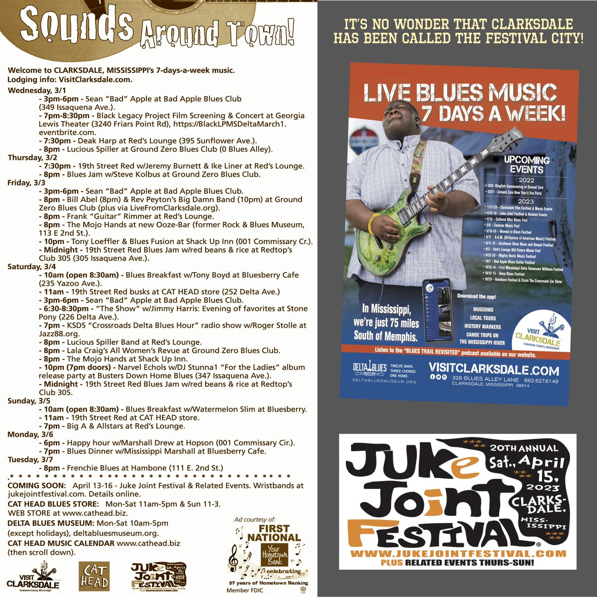 CatHeadRoger's tweet photo. Welcome to Clarksdale, Mississippi's 7-days-a-week music calendar!
MONTHLY CALENDAR: https://t.co/ZEpUn3E13O.
BLUES MUSEUM: https://t.co/zg9TgLmHf8
LODGING &amp; APPS: https://t.co/sSPSAW7owC.
CROSSROADS DELTA BLUES HOUR (radio show): https://t.co/OPWt5VntPz. #visitclarksdale https://t.co/OKnOEhNUqN