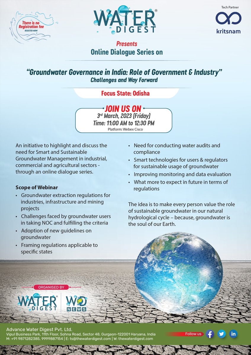 TheWaterDigest's tweet photo. Join us in the quest of recognising the #value of #groundwater  . Confirm your #registration at: https://t.co/6jgPZS7boz
Online #WaterDialogue Series:"Groundwater Governance in India: Role of Government &amp; Industry - Challenges and Way Forward" [Focus State: #ODISHA]03 March 2023 https://t.co/UB3QkDMJAN