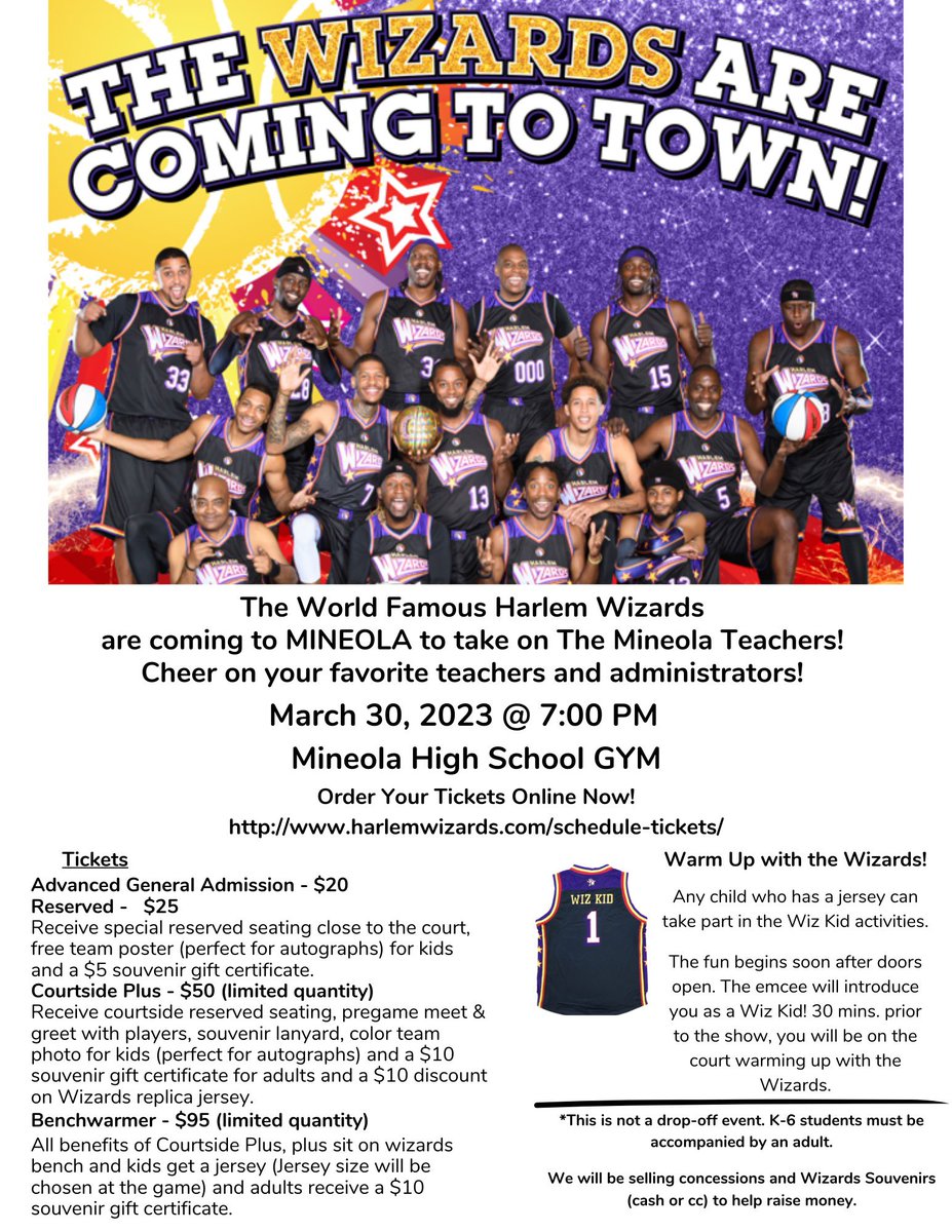 MeadowDrPTA's tweet photo. The Wizards are coming to town to take on our Mineola teachers! 🏀
All families across the district are welcome! Join the fun and order your tickets here: https://t.co/qhMEFBWED2 https://t.co/UwTW85P9pX