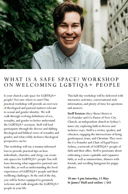 🌈 Following recent lectures by @wesleyhill & @JayneOzanne, we are pleased to host a half-day workshop on how churches can be safe spaces for LGBTIQA+ people.

📅 13 May with @steff_fenton