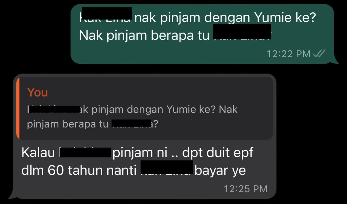 miSs_yUMiee's tweet photo. Saya terkejut sebenarnya someone whatsaap saya nak pinjam duit. 

Bukan terkejut sebab nak pinjam duit tapi terkejut sebab katanya nak bayar balik masa dapat duit EPF usia 60 nanti. 😭 https://t.co/EV0CWO0KEi