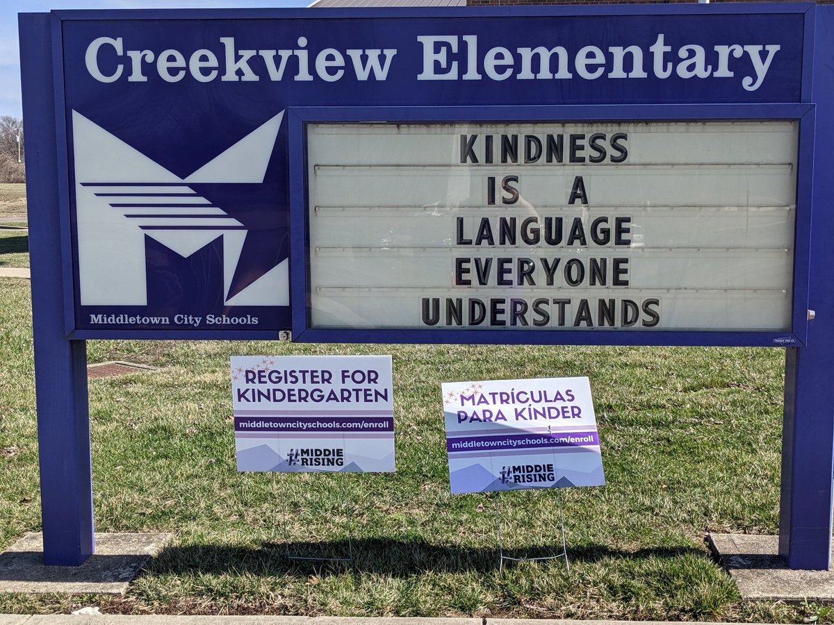 At <a href="/Creekvw_Tweets/">Creekview Elementary</a> we want our language to be Kindness 🥰

Remember to get your incoming Kindergartners registered!

#MiddieRising #makeyourmove