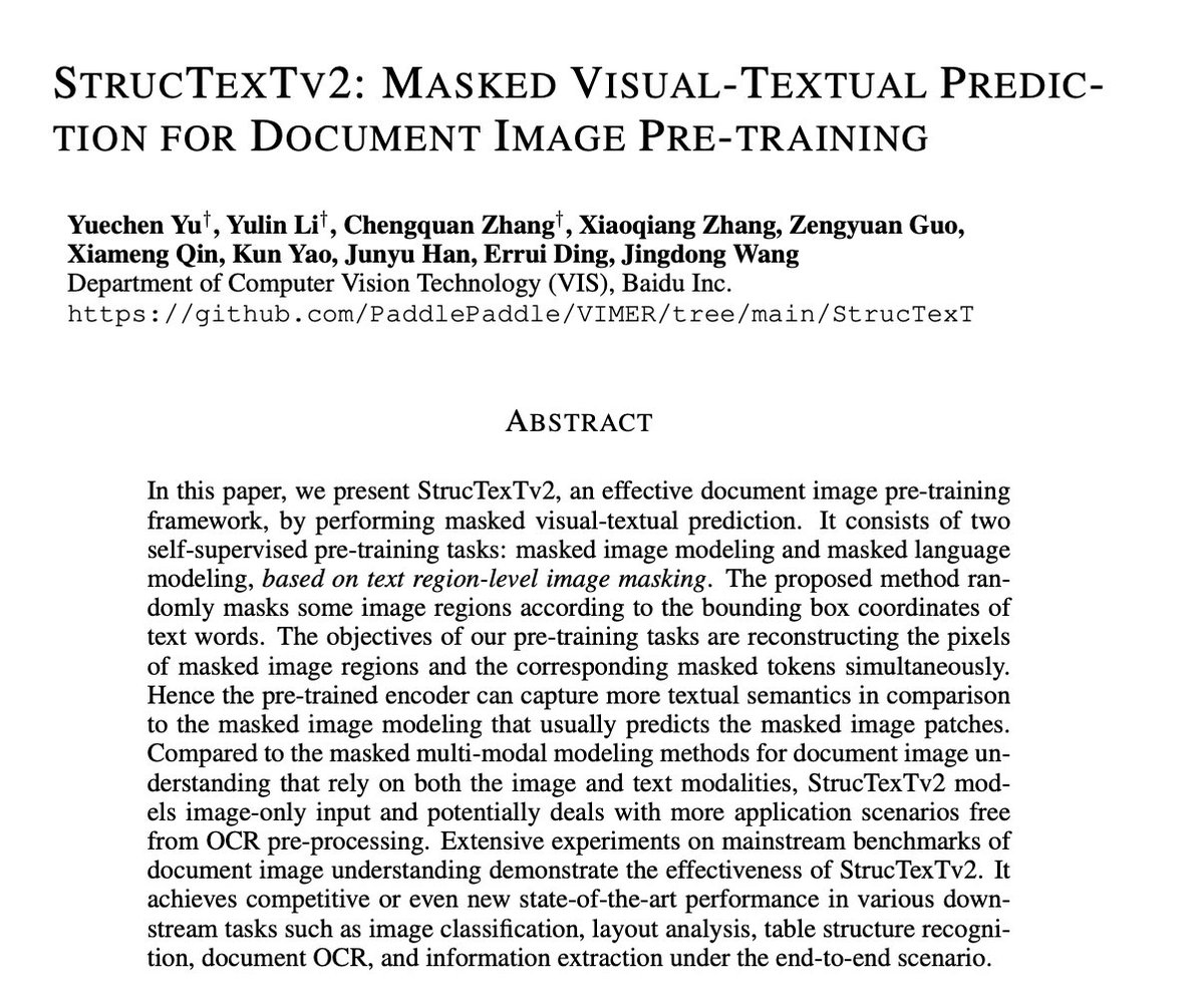 StrucTexTv2: Masked Visual-Textual Prediction for Document Image Pre-training

abs: arxiv.org/abs/2303.00289 
github: github.com/PaddlePaddle/V…