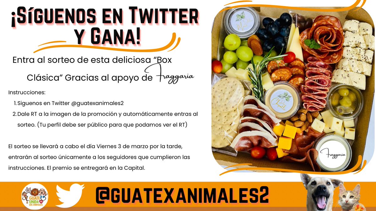 guatexanimales2's tweet image. 🔊🔊Promoción solo para nuestros seguidores! Dale RT a esta imagen y síguenos en Twitter y automáticamente entras al sorteo de esta deliciosa Box Clásica Gracias al apoyo de Fraggaria el sorteo se llevará a cabo este viernes.