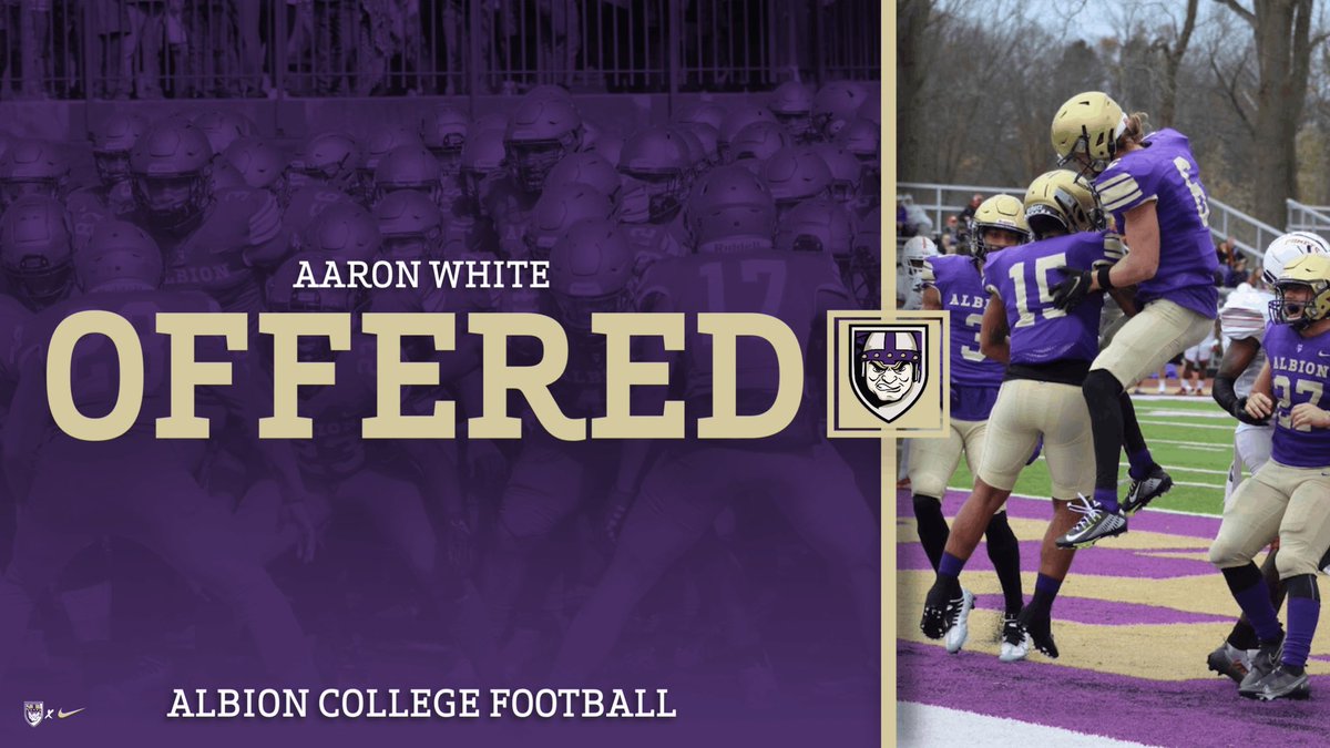 Aaron White (@aaronc_white4) on Twitter photo I am Blessed to say I have received an offer from Albion College!💛💜 <a href="/CoachWasil4/">Stephen Wasil</a> <a href="/coachrohn/">Dan Rohn</a> <a href="/JamesALight/">James Light</a> <a href="/stoneyrock64/">Karl Featherstone</a> I am Blessed to say I have received an offer from Albion College!💛💜 <a href="/CoachWasil4/">Stephen Wasil</a> <a href="/coachrohn/">Dan Rohn</a> <a href="/JamesALight/">James Light</a> <a href="/stoneyrock64/">Karl Featherstone</a>