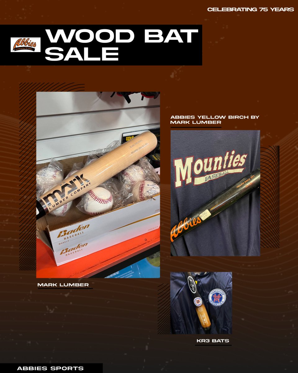 75th Anniversary Baseball Bat Blowout Sale! 

Mark Lumber - was $199, now $129!!

Abbies Yellow Birch by Mark Lumber - was $149, now only $75!! 

Drop by the store to come and see these great deals for yourself!