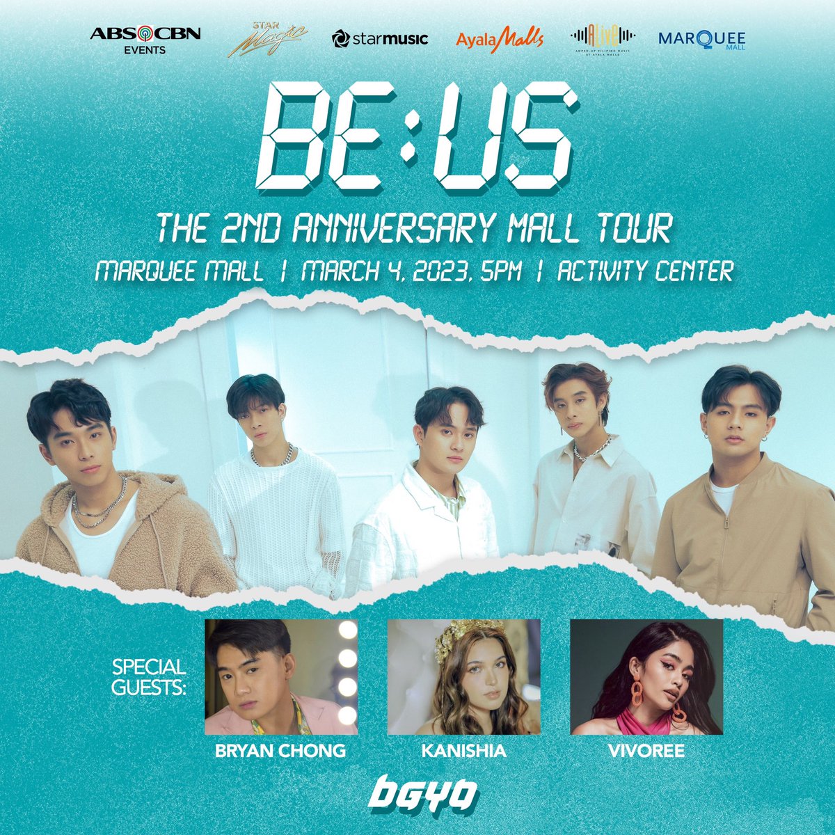 StarMusicPH's tweet photo. Let's kickoff the first week of March with #BGYOBeUs Mall Show! Catch @bgyo_ph this Saturday, 6PM at Marquee Mall Activity Area! 

With special performances from @brynchong, @KanishiaSantos, and @vivoree.

See you all there, ACEs 👋 

#ABSCBNEvents
#BGYOBeUsMallShow https://t.co/DuZMkx4aGw