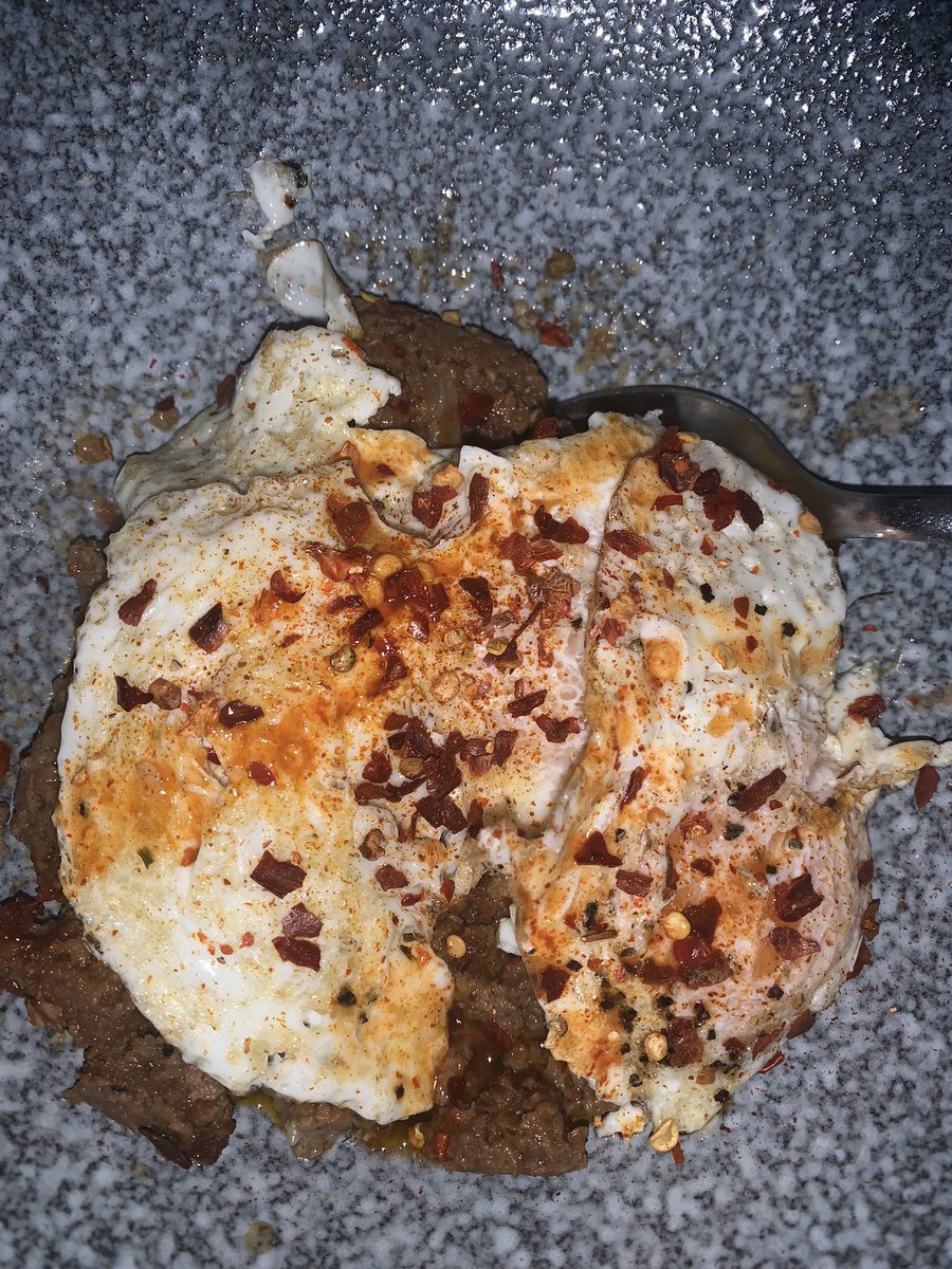 Leftover meatloaf topped with over medsy.