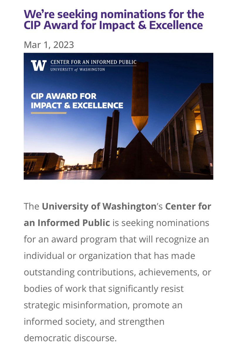 Nominate a person or org doing exemplary work in misinformation studies. cip.uw.edu/2023/03/01/202…